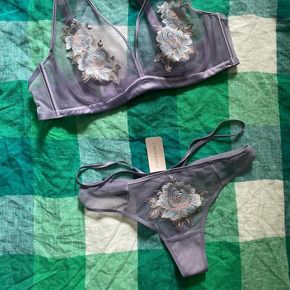 Moonlight Sheer Plunge Mauve Floral Embroidered Bra & Matching Thong - Picture 3 of 15